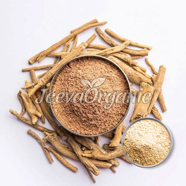 Ashwagandha powder in a round tin, surrounded by dried roots, with a smaller inset image of the fine powder.