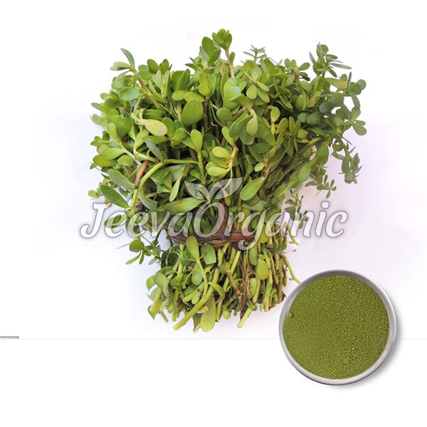 A bundle of fresh, vibrant green leaves beside a small bowl of green powder, representing a natural herb product.