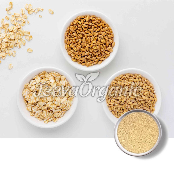Three bowls contain oats, whole wheat grains, and a bowl of golden flour, with "Jeeva Organic" logo subtly displayed.