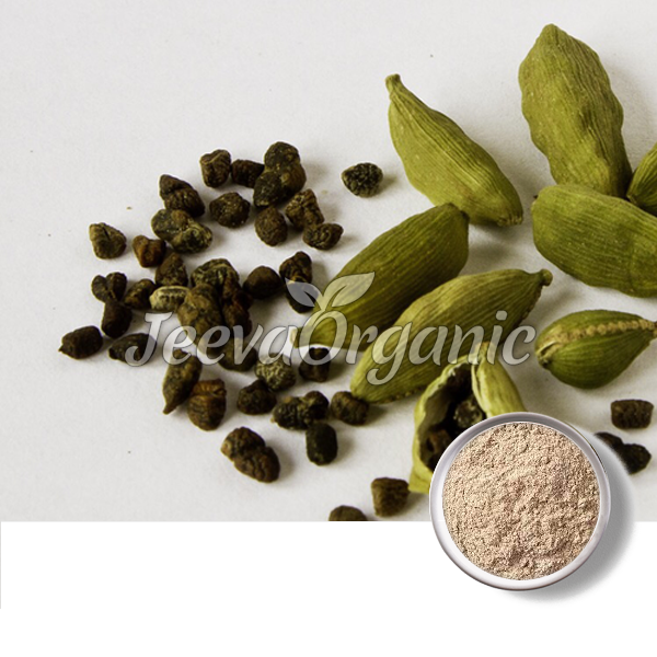 A collection of cardamom pods and seeds beside a small bowl of powdered spice, labeled with "Jeeva Organic."
