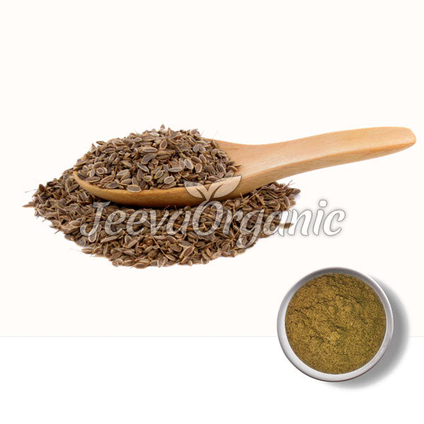 A wooden spoon holds a pile of brown spices with a small bowl of ground spice below, featuring the brand name "Jeeva Organic."