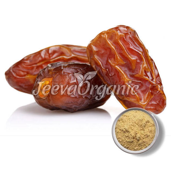 Three plump, dried dates beside a small bowl of date powder on a white background, featuring the Jeeva Organic logo.