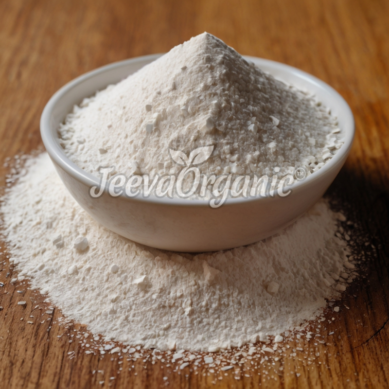 A mound of organic white flour in a small bowl, with flour scattered on a wooden surface, branded "JeevaOrganic."