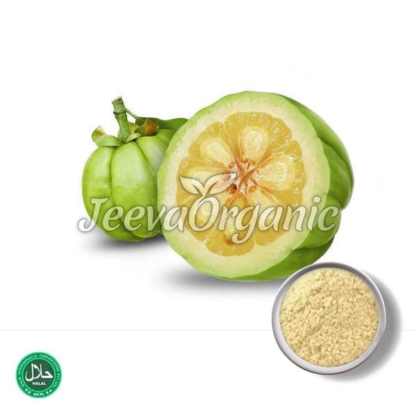 A green Garcinia cambogia fruit, partially sliced to reveal its yellow interior, next to a small bowl of powder.