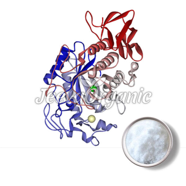 3D molecular structure with twisted ribbons in red, blue, and pink, alongside a bowl of white crystalline substance.