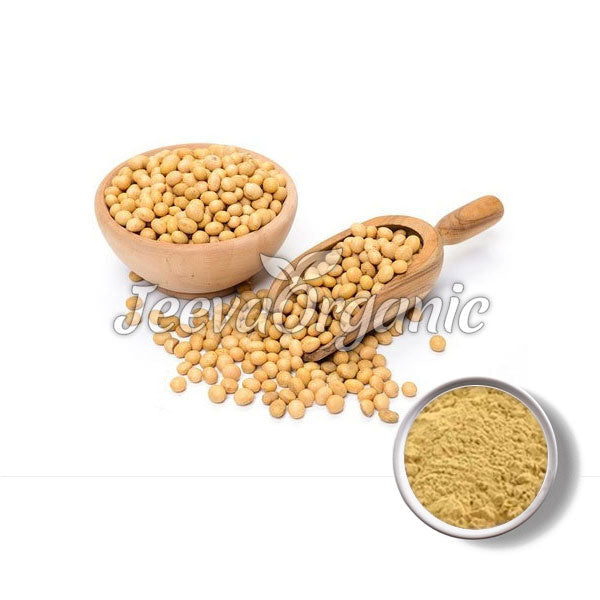 A bowl and wooden scoop filled with yellow soybeans, alongside a small bowl of soybean flour on a white background.