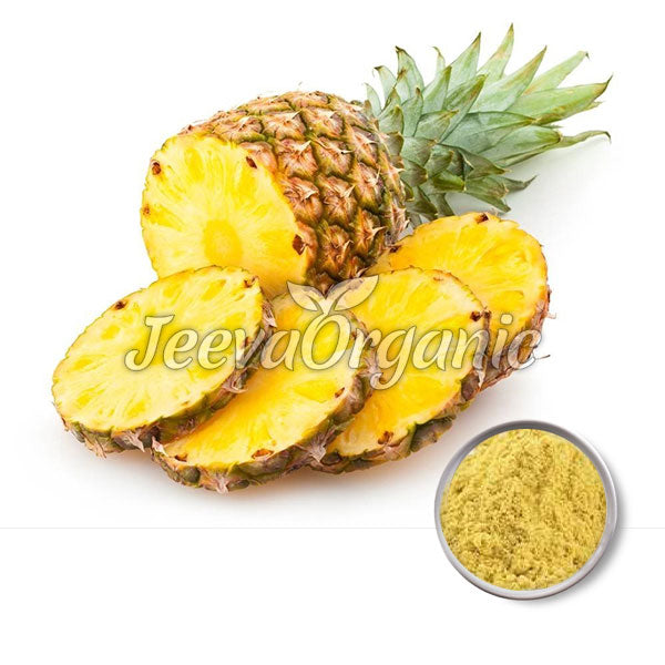 Fresh pineapple half with sliced pieces beside it, paired with a small bowl of yellow pineapple powder. Branding: Jeeva Organic.