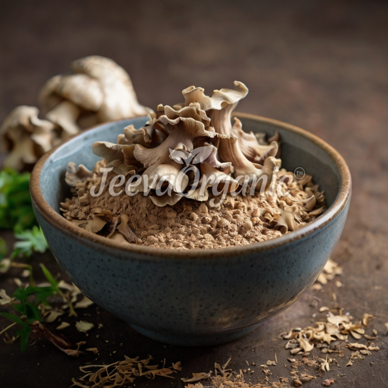 A bowl filled with powdered mushroom and dried mushroom pieces, set against a dark, textured background with fresh herbs beside it.