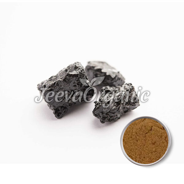 Three black mineral chunks next to a circular bowl of brown powder, labeled "JeevaOrganic" for natural products.