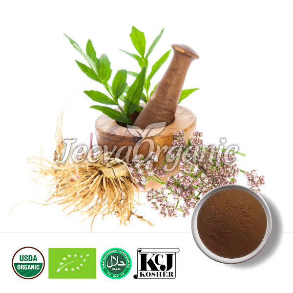 A wooden mortar and pestle with herbs, roots, and flowers, accompanied by organic certification logos.