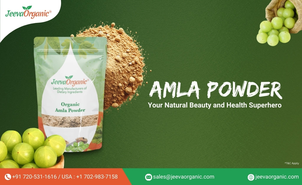 Amla powder packaging by JeevaOrganic, highlighting its benefits for beauty and health, with fresh amla fruit in the foreground.