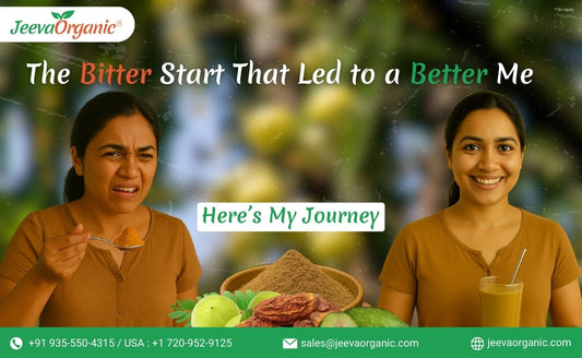 A person holds a spoonful of food, with a backdrop of fresh produce and spices, conveying a journey toward better health.