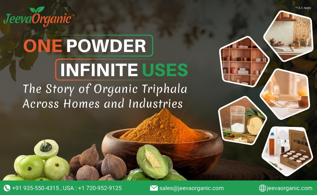 A vibrant display promoting JeevaOrganic's Triphala, showcasing its versatile uses in homes and industries with images of products and herbs.