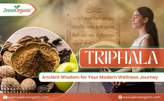 A bowl of Triphala powder surrounded by herbs and fruits, with a calming wellness theme and text about ancient wisdom for health.