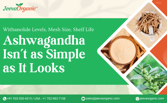 Banner promoting the complexities of ashwagandha with visuals of the herb, powder, and text highlighting key attributes.