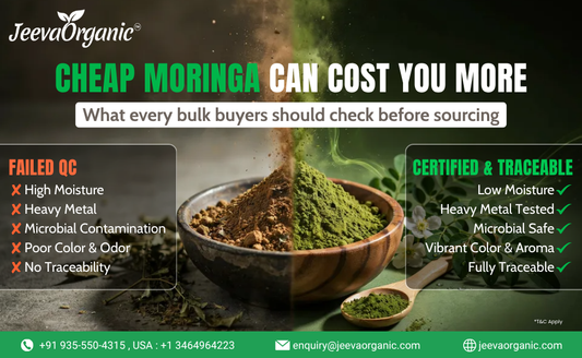 Certified organic moringa powder for bulk sourcing compared with low-quality moringa powder.