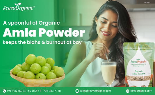 A woman holds a glass of smoothie next to a bag of Organic Amla Powder, promoting wellness and energy. Green amla fruit is displayed.