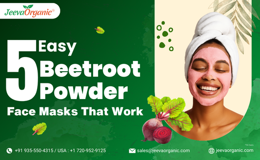 Graphic promoting "5 Easy Beetroot Powder Face Masks That Work" with vibrant colors, natural elements, and contact information for Jeeva Organic.