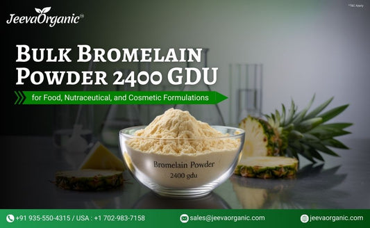 A clear bowl filled with yellow bromelain powder, next to pineapple slices, promoting 2400 GDU for food, nutraceutical, and cosmetic uses.
