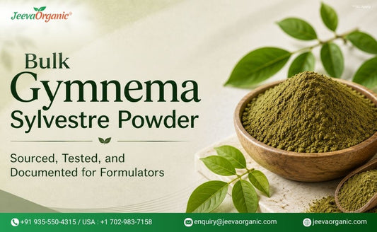 Bulk Gymnema Sylvestre Powder in a wooden bowl with green leaves