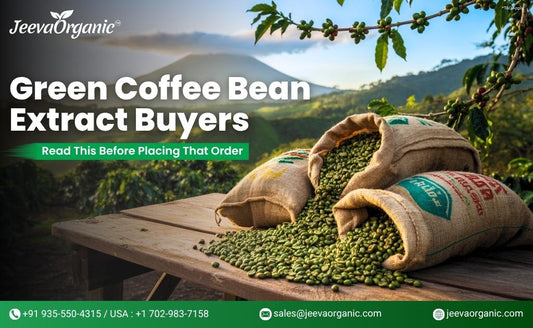Two burlap sacks spilling green coffee beans, with a scenic mountain backdrop, promoting a guide for potential buyers.