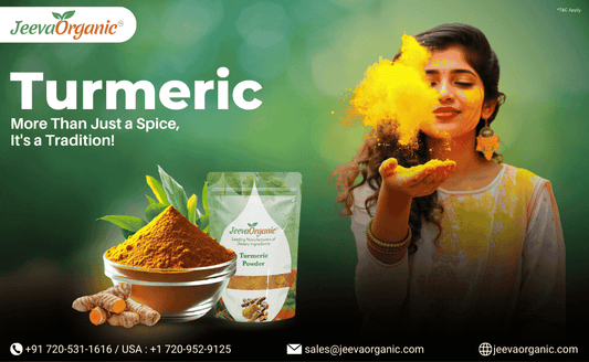 A person in traditional attire holds turmeric powder, surrounded by vibrant spices and greenery, promoting its cultural significance.