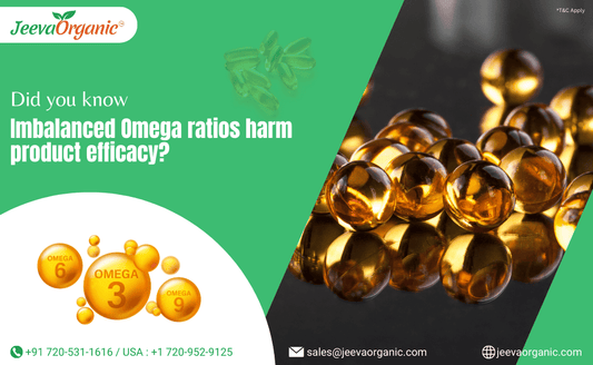 Image displays golden omega capsules and text highlighting that imbalanced Omega ratios affect product efficacy.