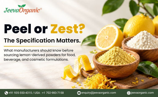 Lemon peel and zest powders, with whole and sliced lemons, product bowls, and sourcing text.