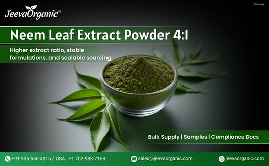 Bowl of neem leaf extract powder with text highlighting its benefits and contact information for Jeeva Organic.