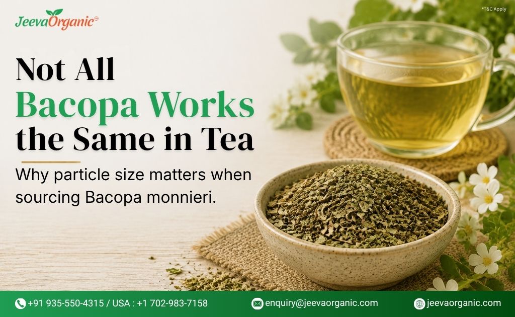 Image showing a cup of Bacopa tea and a bowl of dried Bacopa leaves with text about the importance of particle size in Bacopa monnieri sourcing.
