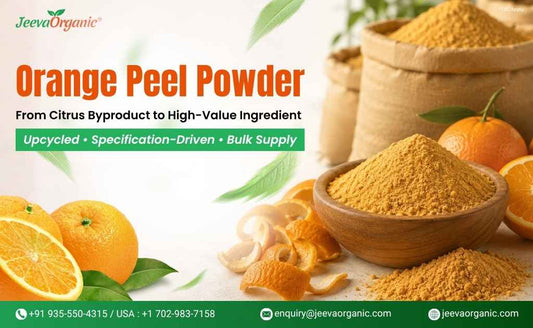 Orange Peel Powder by Jeeva Organic, highlighting upcycled, bulk supply from citrus byproduct, shown with fresh oranges and powder in wooden bowls.