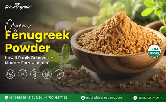 Bowl of organic fenugreek powder with seeds, highlighting natural, allergen-free, GMO-free, nut-free, and gluten-free qualities by Jeeva Organic.