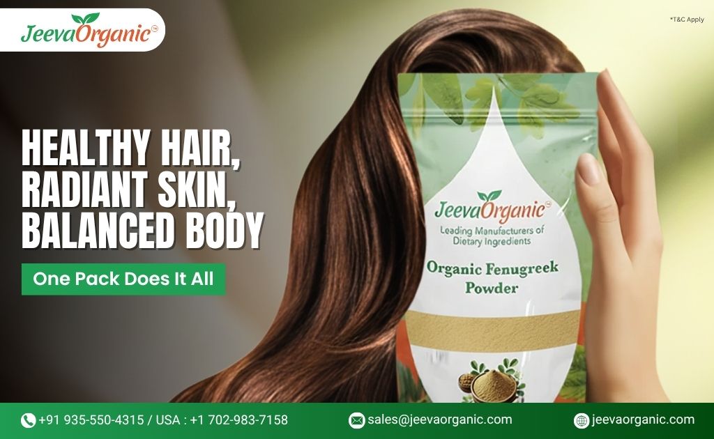 A woman holds a pack of JeevaOrganic's Fenugreek Powder, promoting healthy hair, radiant skin, and a balanced body.