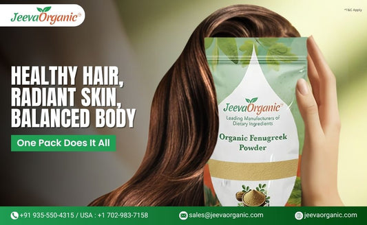 A woman holds a pack of JeevaOrganic's Fenugreek Powder, promoting healthy hair, radiant skin, and a balanced body.
