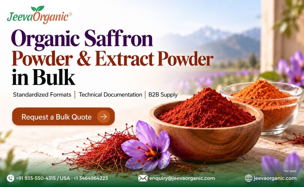 Jeeva Organic banner promoting bulk organic saffron powder and extract powder, with saffron threads, bowls of powder, and flowers.