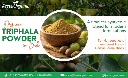 Organic Triphala powder in a wooden bowl with amla and herbs, promoting Ayurvedic blend for nutraceuticals, functional foods, and herbal use.