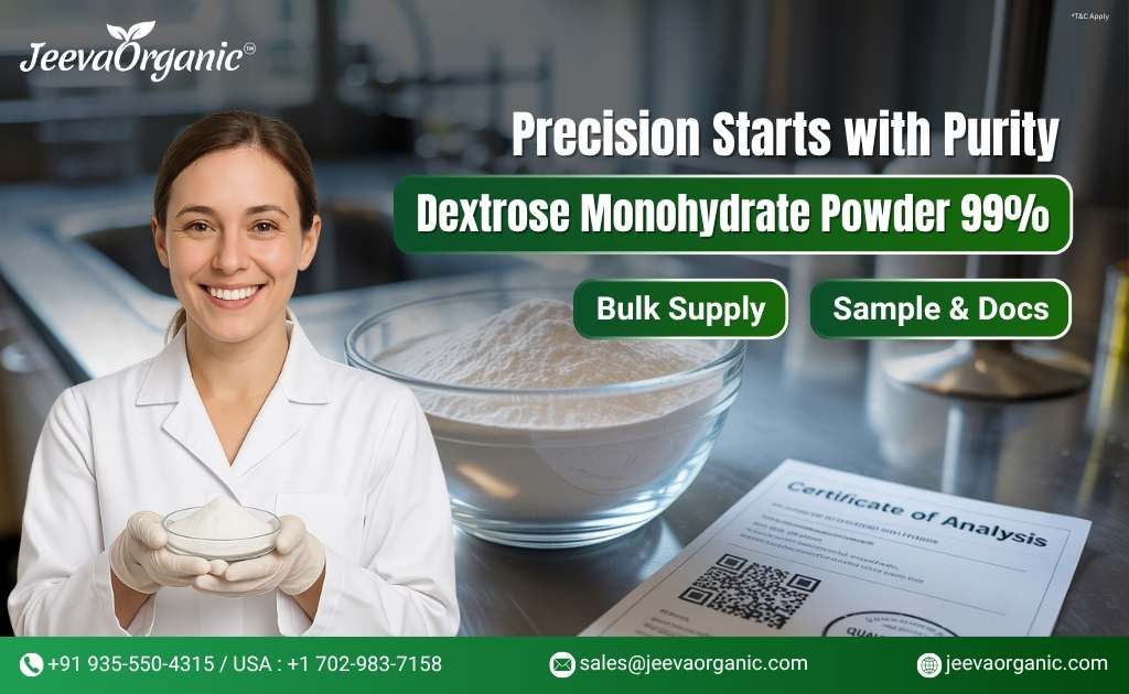 A lab technician in a white coat holds a dish of dextrose monohydrate powder, with promotional text about purity and bulk supply options.