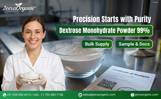 A lab technician in a white coat holds a dish of dextrose monohydrate powder, with promotional text about purity and bulk supply options.