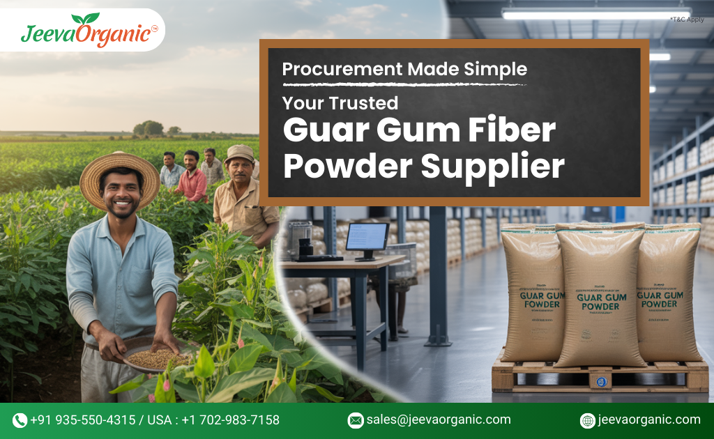 A farmer holds harvested crops in the foreground, with a modern warehouse of guar gum powder bags in the background.