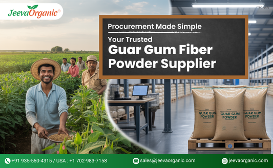 A farmer holds harvested crops in the foreground, with a modern warehouse of guar gum powder bags in the background.