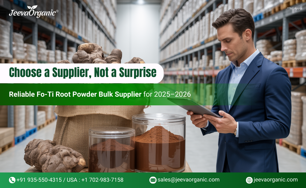 A professional examines a tablet in a warehouse filled with sacks and jars of Fo-Ti root powder, showcasing organic supply options.