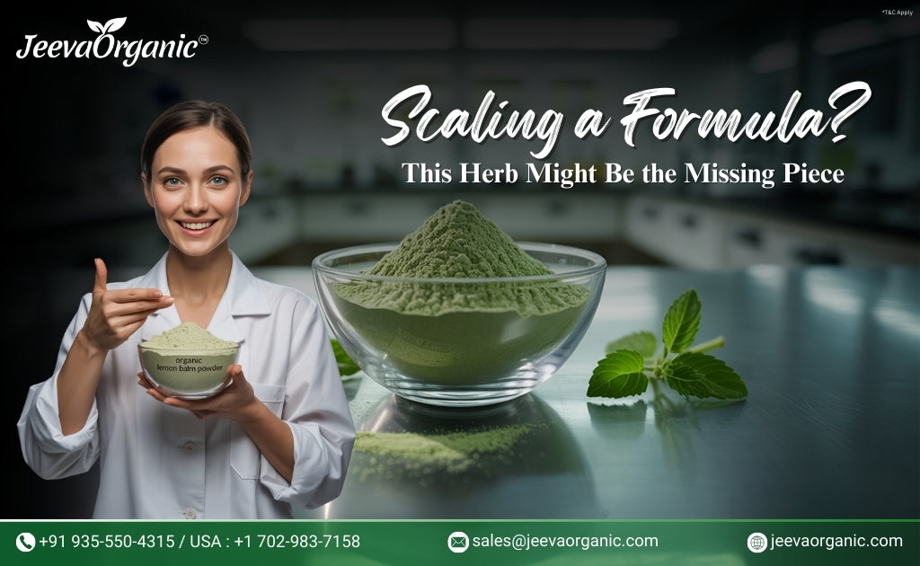 A woman in a lab coat holds a bowl of organic lemon balm powder, surrounded by green herbs in a modern kitchen setting.