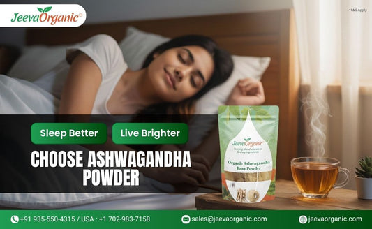 A cozy bedroom scene with an herbal tea cup, a pack of organic Ashwagandha powder, promoting better sleep and vitality.
