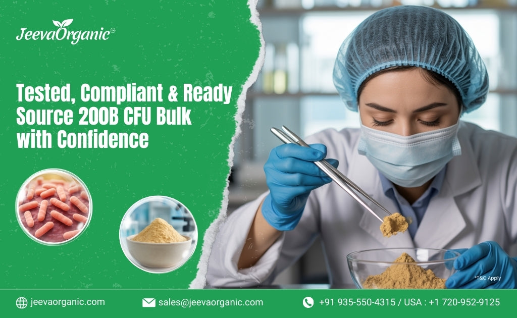 A lab technician in protective gear examines powder in a bowl. Text highlights "Jeeva Organic" products as tested and compliant. Tone: professional, reliable.