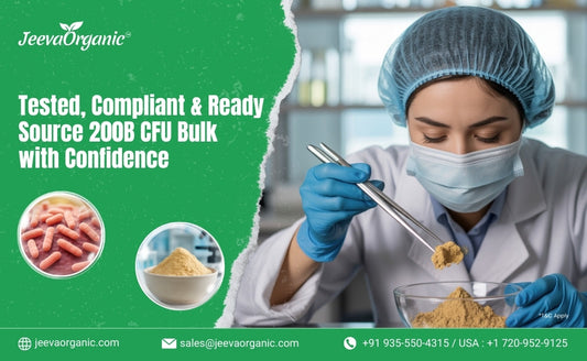 A lab technician in protective gear examines powder in a bowl. Text highlights "Jeeva Organic" products as tested and compliant. Tone: professional, reliable.