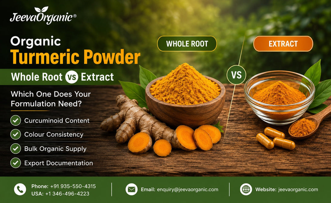Organic turmeric powder whole root vs extract comparison with turmeric roots and powder for formulation applications