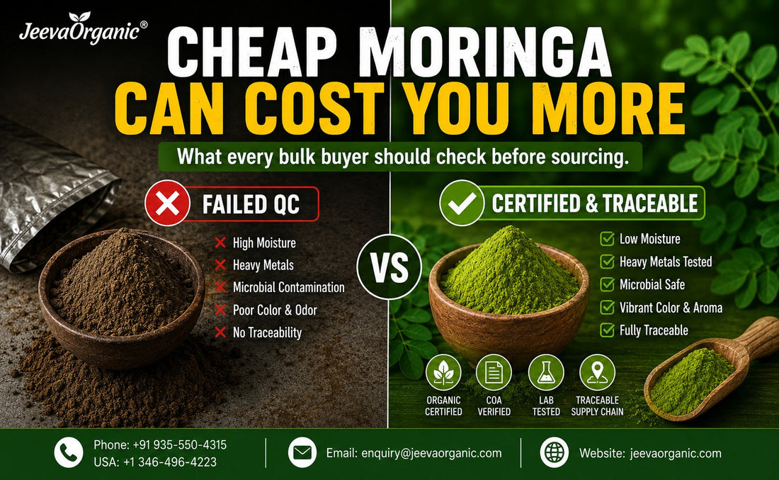 Image comparing cheap moringa powder with certified and traceable organic moringa powder for bulk sourcing.