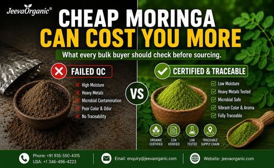 Image comparing cheap moringa powder with certified and traceable organic moringa powder for bulk sourcing.