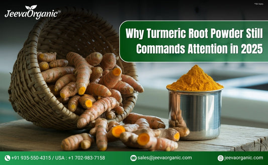 A basket filled with fresh turmeric roots beside a bowl of vibrant turmeric powder, highlighting its significance in 2025.