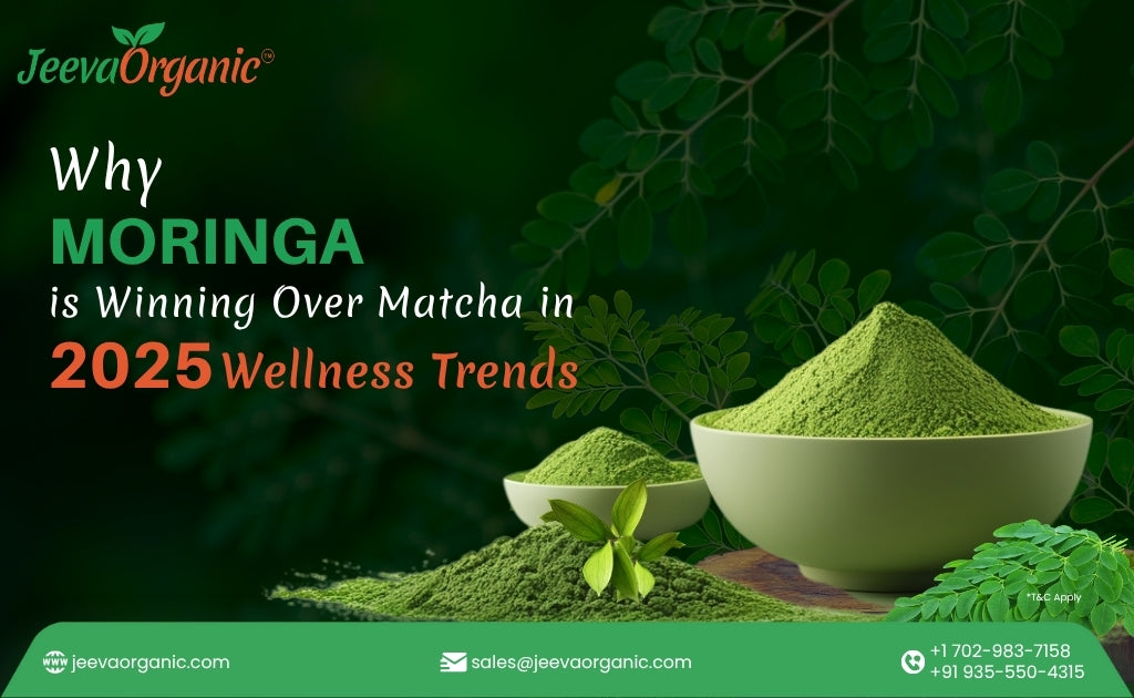  Moringa as the top wellness trend of 2025, showcasing green Moringa powder and leaves.